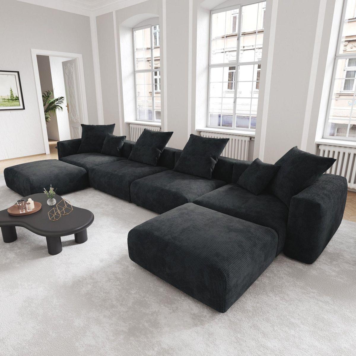 Couch “Black Ariana corduroy U-shaped modular sofa with plush cushions and low-profile design, perfect for modern living rooms.”