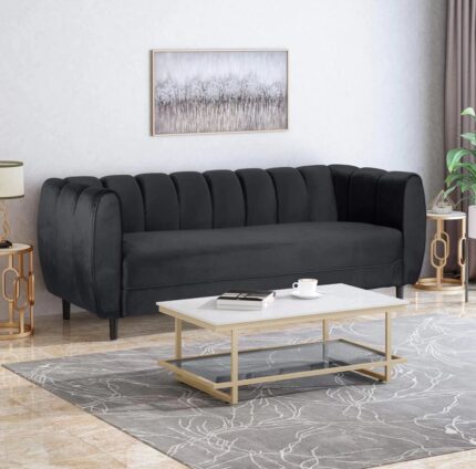 “Kelly velvet 3-seater sofa, black finish, pre-assembled design with soft velvet upholstery and plush cushions for a luxurious look.”