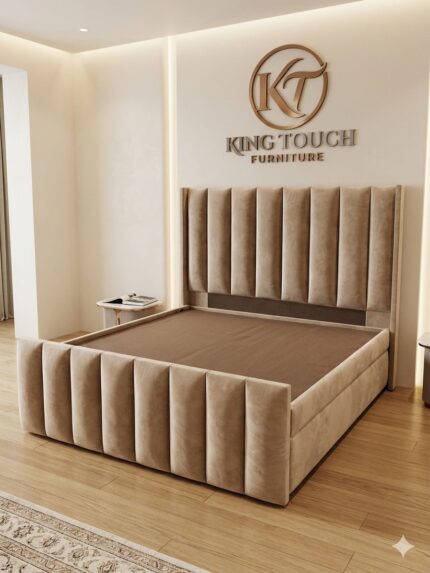 A luxury champagne velvet Full Channel Bed Suite by King Touch Furniture, featuring a high-profile headboard and matching footboard with deep vertical channel tufting, styled in a modern minimalist bedroom with warm lighting.